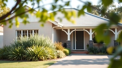 A charming suburban home with Australian architecture, featuring a lush front garden under soft daylight.