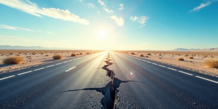A sunlit asphalt road with a significant crack running down its center, extending into the horizon of a desolate, arid landscape under a vibrant sky