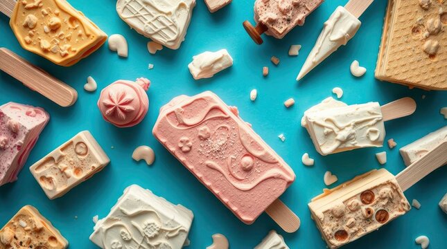 An extreme macro close-up of various ice cream pieces on a blue with generative ai