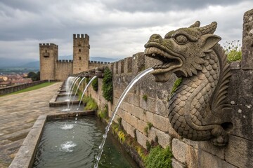 Ancient Stone Dragon Water Spouts on Fortress Wall nice