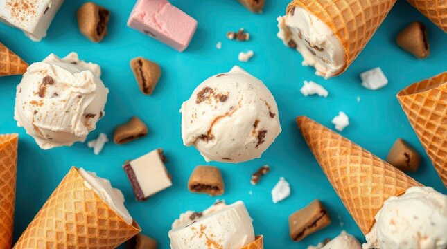 An extreme macro close-up of various ice cream pieces on a blue with generative ai