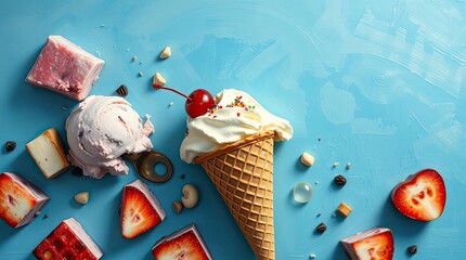 An extreme macro close-up of various ice cream pieces on a blue with generative ai