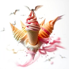 An extreme macro close-up of various ice cream pieces on a blue with generative ai