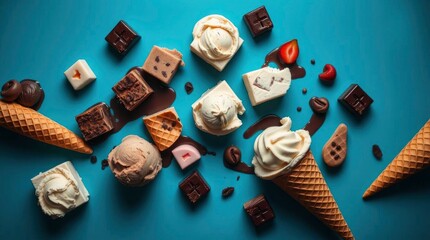 An extreme macro close-up of various ice cream pieces on a blue with generative ai