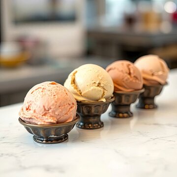 An extreme macro close-up of various ice cream pieces on a blue with generative ai