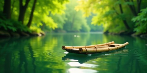 Serene Bamboo Raft on a Tranquil Green River, Gently Rocking in the Still Waters of a Lush Forest