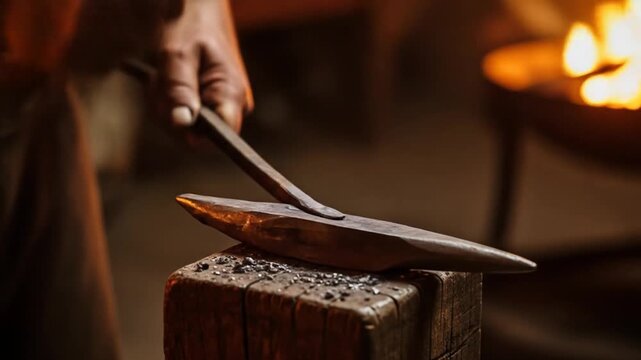 Blacksmith Forging Metal with Hammer and Anvil in Fiery Workshop.