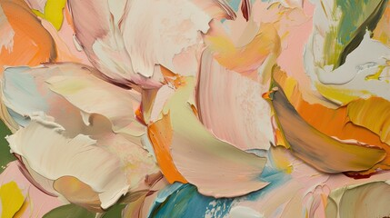 A close-up of an abstract painting with textured brushstrokes in colors such as soft pinks, yellows, oranges, and blues, creating a dreamy atmosphere reminiscent of Impressionist art.