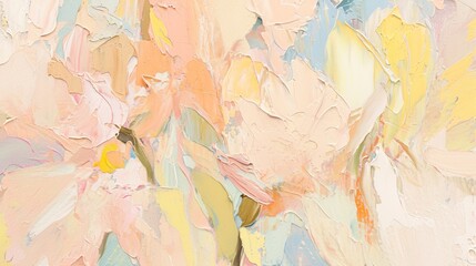 A close-up of an abstract painting with textured brushstrokes in colors such as soft pinks, yellows, oranges, and blues, creating a dreamy atmosphere reminiscent of Impressionist art.