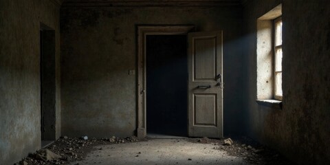 A sunbeam illuminates a decaying room, revealing an open door leading to a shadowy interior, amidst a floor strewn with rubble and debris, in a structure showing signs of significant age and neglect.