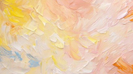 A close-up of an abstract painting with textured brushstrokes in colors such as soft pinks, yellows, oranges, and blues, creating a dreamy atmosphere reminiscent of Impressionist art.