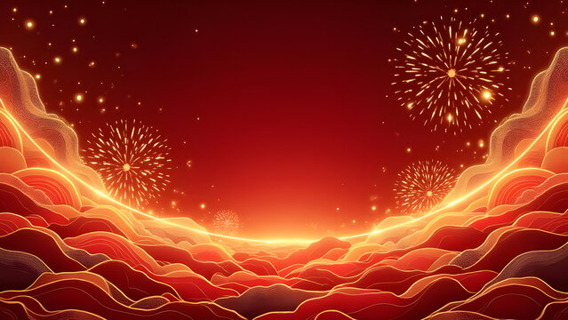 Festive red and gold abstract landscape with fireworks and glowing lights - Powered by Adobe