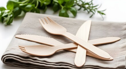 Stylish eco friendly wooden cutlery set elegantly arranged on linen napkin for sustainable events