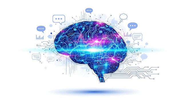 Digital brain circuitry with speech bubbles and data charts on a white background illustration