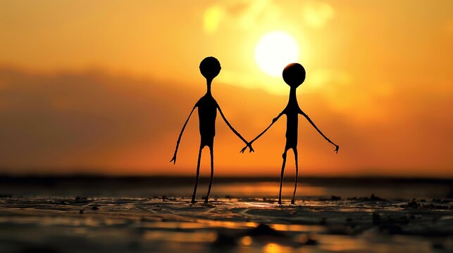 Minimalist Silhouettes of Stick Figures at Dusk on an Endless Empty Plain