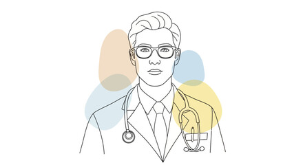 Fototapeta premium Minimalist Line Art Handsome Doctor with Stethoscope and Glasses Illustration