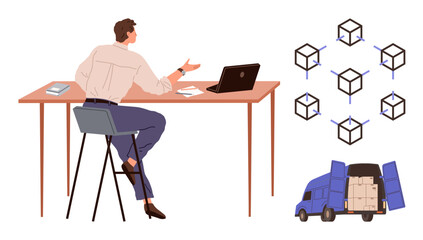 Man discussing blockchain for logistics with laptop, cube network diagram, and open truck with packages. Ideal for technology, supply chain, blockchain, innovation, logistics, business and delivery