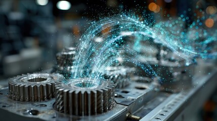 A closeup of gears and components on a workbench with a holographic projection of blockchain data swirling above them representing the fusion of physical manufacturing and digital traceability.