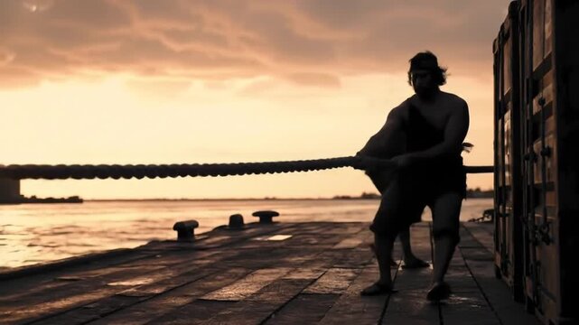 Silhouette of a Man Pulling a Thick Rope on a Boat at Sunset.