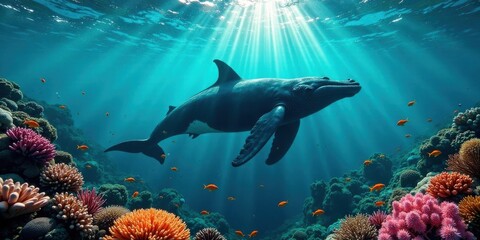 Fototapeta premium Oceanic Whale Majestically Swims Through Vibrant Coral Reef Ecosystem, Sunlight Illuminates Scene