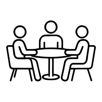 Business team meeting vector three stick figures sitting around a table in a meeting or discussion setting on transparent background