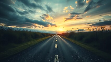 Naklejka premium A dramatic split in the road under a moody sky, symbolizing life's pivotal choices.