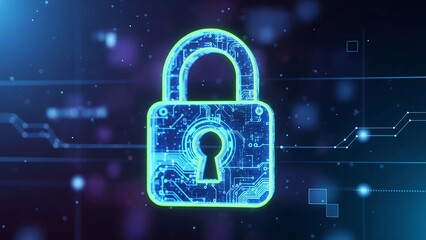 A futuristic digital padlock with a glowing circuit board, symbolizing cybersecurity and data protection.