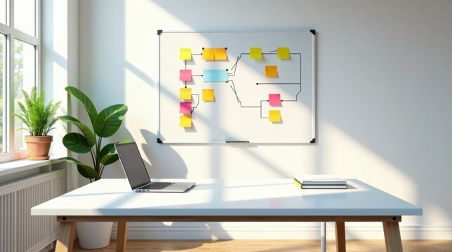 A sunlit workspace featuring a minimalist desk, laptop, potted plants, and a whiteboard displaying a colorful flowchart using sticky notes.