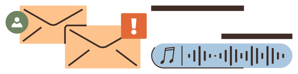 Two envelopes with person and alert icons alongside a voice message waveform and music note emphasize communication, notifications, emails, and alerts. Ideal for communication, notification