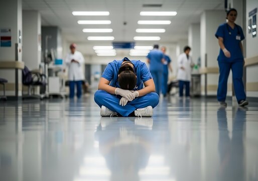 Exhausted nurse sitting on hospital floor in hallway