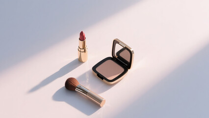 Luxury makeup set with lipstick, powder compact, and brush on a soft pastel background. Elegant cosmetic flat lay for beauty, fashion, skincare, and luxury lifestyle concepts.