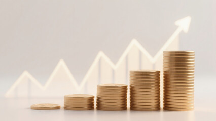 Stacks of golden coins arranged in ascending order with a glowing upward arrow chart. Concept of financial growth, business success, investment strategy, and economic progress.