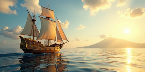 Obraz premium Golden-hued sailing vessel gracefully navigates tranquil ocean waters at sunset, silhouetted against a distant landmass