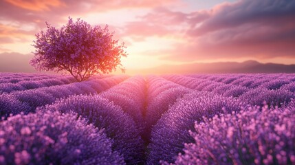 Obraz premium Serene Sunset over Lavender Field with Blooming Tree Peaceful Nature Scene Provence Landscape