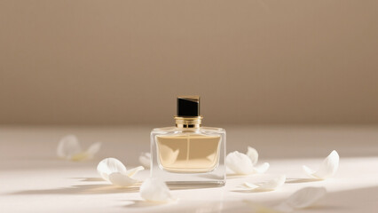 Elegant glass perfume bottle with golden cap surrounded by white flower petals on soft beige background. Luxury fragrance product photography for beauty branding, cosmetic advertising