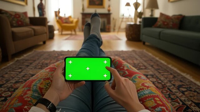 Leisurely Mobile Experience: Person Relaxing at Home Using a Green Screen Phone in Cozy Living Room