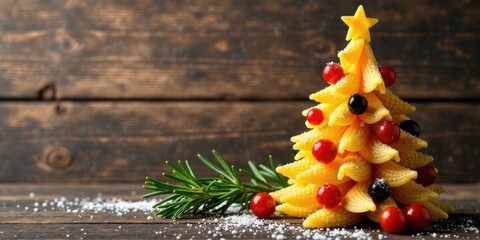 A Festive Pasta Tree Decoration Crafted with Small Pasta Shapes, Berries, and a Sprinkle of Seasoning on a Rustic Wooden Surface