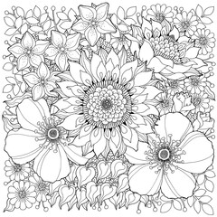 Exotic black and white hand drawing flower, beauty flower illustration, floral nature ornament, antistress coloring book.