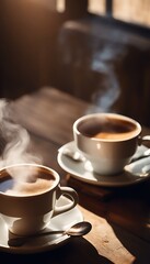 Fototapeta premium Two steaming cups of coffee on saucers with spoons on a wooden table in warm morning light