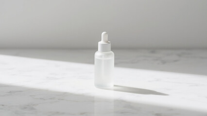 Minimalist skincare bottle with pump on white marble background. Clean beauty concept, cosmetic packaging mockup, luxury skincare product photography for advertising and branding.