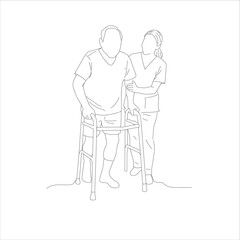 a nurse helping a patient to walk. line art