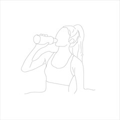 Attractive young woman is drinking water from a plastic bottle. line art