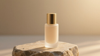 Minimalist cosmetic bottle with white cap and frosted glass, standing on natural stone with warm sunlight. Luxury skincare product photography for beauty, cosmetic branding, and natural skincare mocku