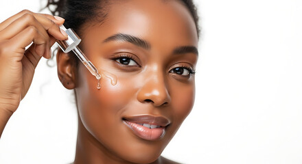 Obraz premium A dark skinned woman applying facial serum with a dropper for skincare on white background close up view