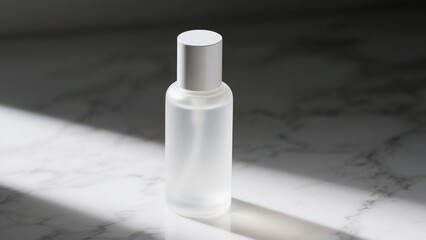 Minimalist skincare bottle with pump on white marble background. Clean beauty concept, cosmetic packaging mockup, luxury skincare product photography for advertising and branding.