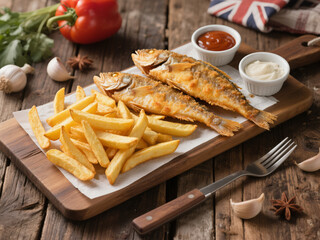 Classic British fish and chips served on a rustic wooden board with crispy fried fish, golden fries, mayonnaise, and ketchup. Decorated with garlic, fresh vegetables, and the UK flag in the background