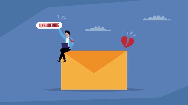 Digital Breakup: A Man Clicks Unsubscribe on an Email with a Broken Heart Symbolizing the End of a Relationship cartoon animation
