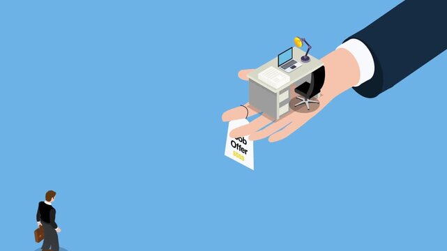 hand offering a job and a tiny office desk to a businessman 3d animation cartoon