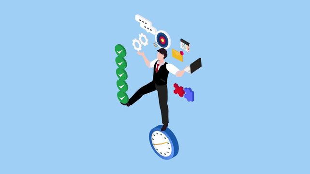 businessman balancing on a clock, multitasking and managing different business elements 3d animation cartoon