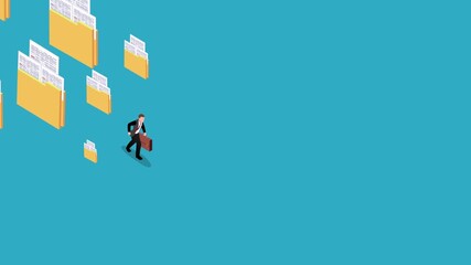 businessman running away from a stack of document folders 3d animation cartoon - Powered by Adobe
